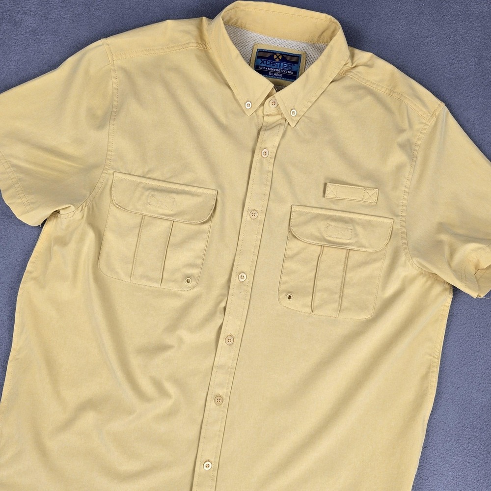 Xcaster Shirt Mens XL Yellow Short Sleeve UPF Sun Protection Fishing Button Up